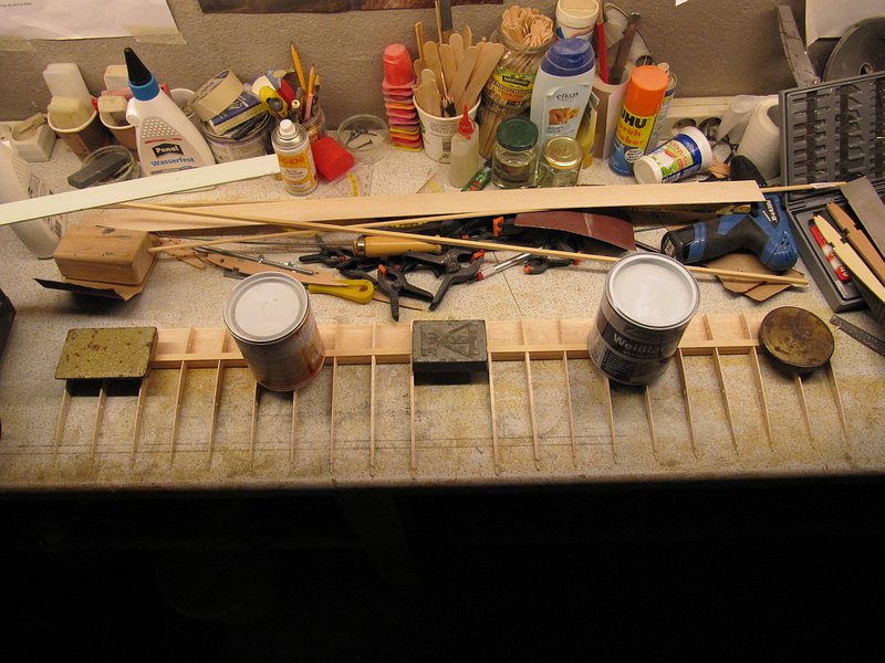 Rippen unten mit dem Holm verklebt und beschwert